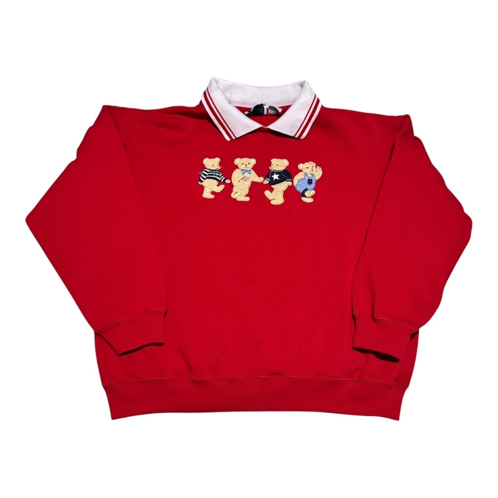 Vintage 90s Bold Spirit Red Teddy Bear Collared Sweatshirt Women's‎ M FLAWS